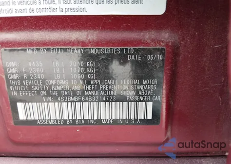 2011 Subaru Legacy 2.5I Premium from USA, damaged, VIN 4S3BMBF64B3214723